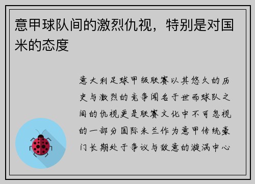 意甲球队间的激烈仇视，特别是对国米的态度