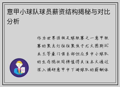 意甲小球队球员薪资结构揭秘与对比分析