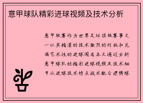 意甲球队精彩进球视频及技术分析